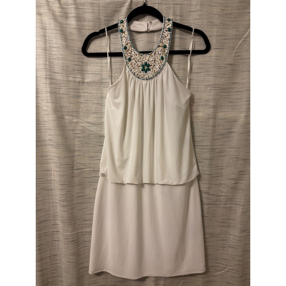 Signature White Halter Mini Dress Beaded Neckline Blouson Size 2